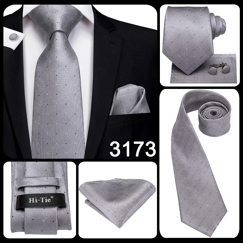 Hi-Tie Luxury Silver Novelty Men Tie Gravata Wedding Necktie For Men Hanky Cufflink Set Fashion Design BusinessDropshipping
