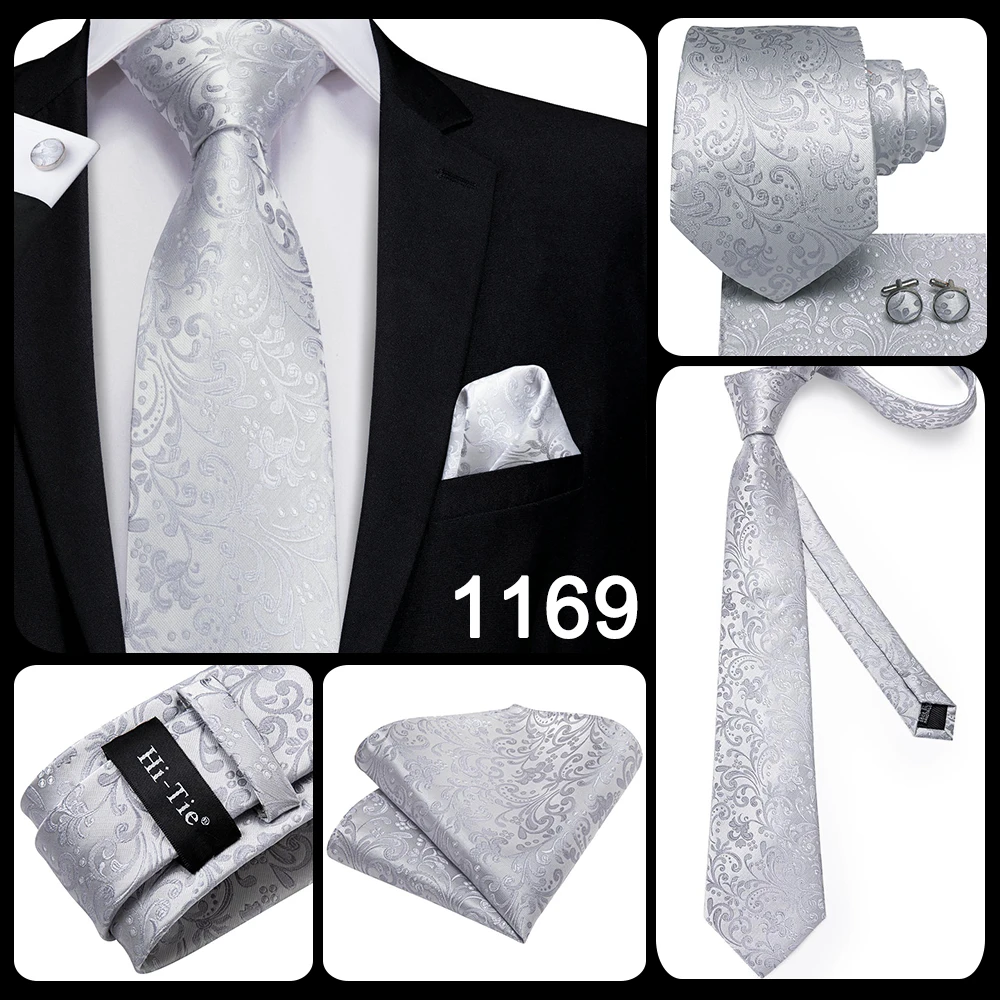 Hi-Tie Luxury Silver Novelty Men Tie Gravata Wedding Necktie For Men Hanky Cufflink Set Fashion Design BusinessDropshipping