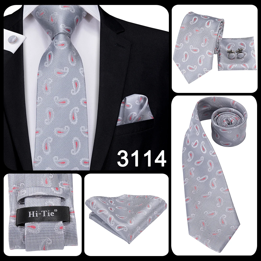 Hi-Tie Luxury Silver Novelty Men Tie Gravata Wedding Necktie For Men Hanky Cufflink Set Fashion Design BusinessDropshipping