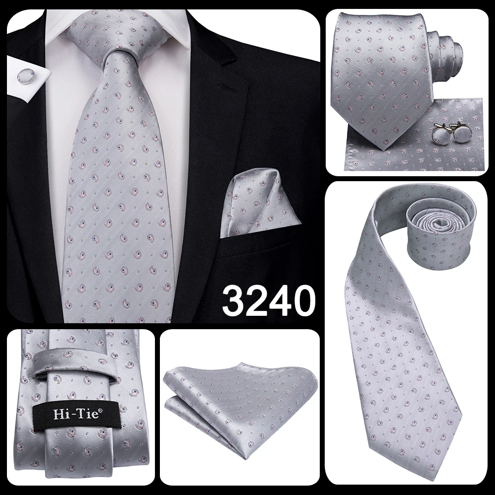 Hi-Tie Luxury Silver Novelty Men Tie Gravata Wedding Necktie For Men Hanky Cufflink Set Fashion Design BusinessDropshipping
