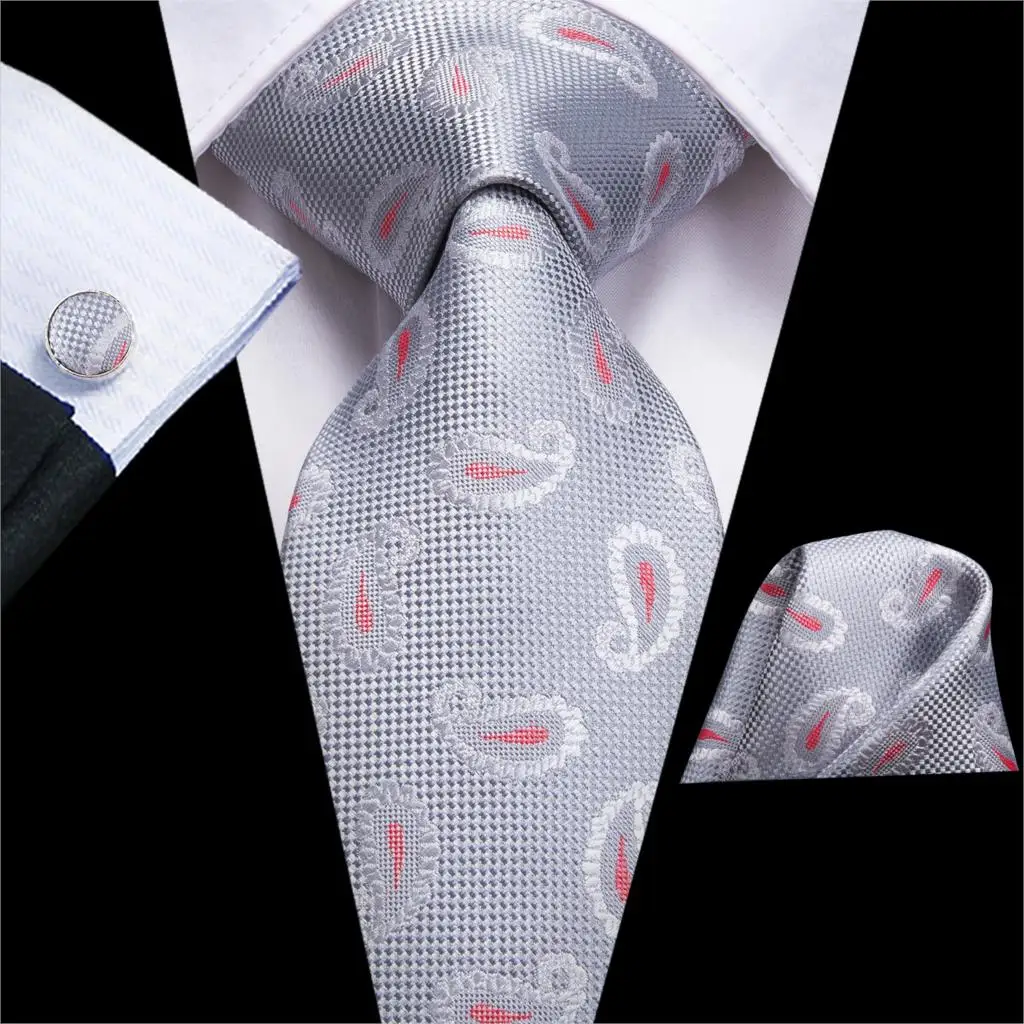 Hi-Tie Luxury Silver Novelty Men Tie Gravata Wedding Necktie For Men Hanky Cufflink Set Fashion Design BusinessDropshipping