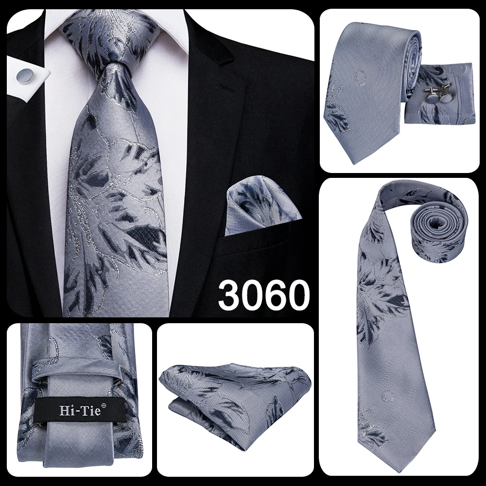Hi-Tie Luxury Silver Novelty Men Tie Gravata Wedding Necktie For Men Hanky Cufflink Set Fashion Design BusinessDropshipping