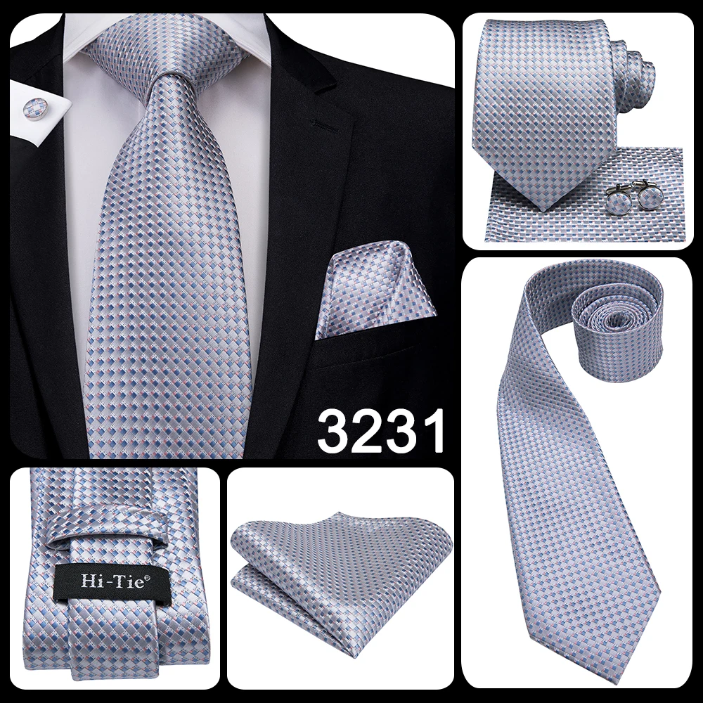 Hi-Tie Luxury Silver Novelty Men Tie Gravata Wedding Necktie For Men Hanky Cufflink Set Fashion Design BusinessDropshipping