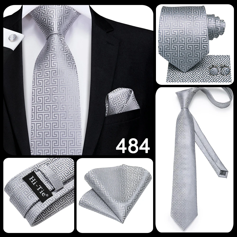 Hi-Tie Luxury Silver Novelty Men Tie Gravata Wedding Necktie For Men Hanky Cufflink Set Fashion Design BusinessDropshipping