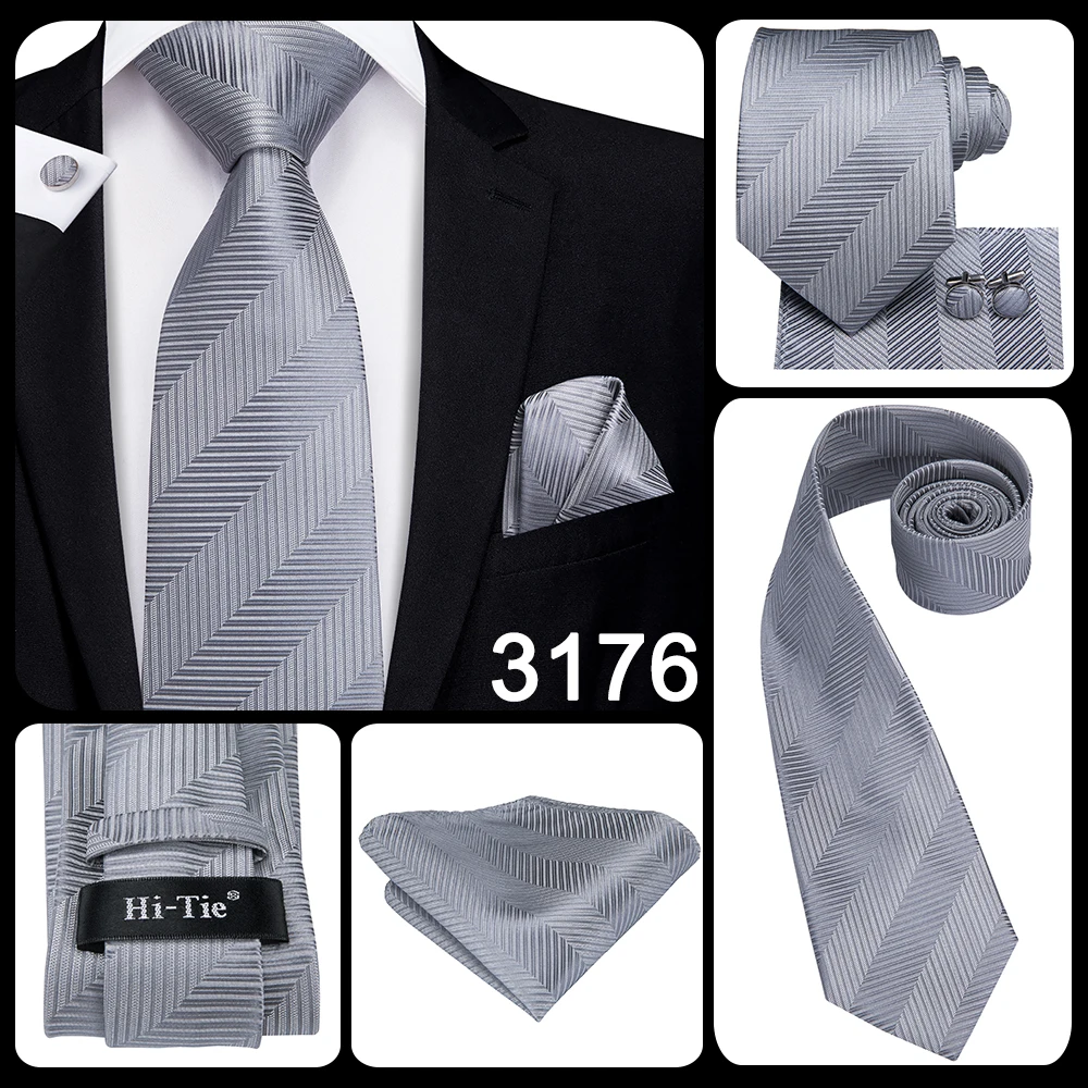 Hi-Tie Luxury Silver Novelty Men Tie Gravata Wedding Necktie For Men Hanky Cufflink Set Fashion Design BusinessDropshipping