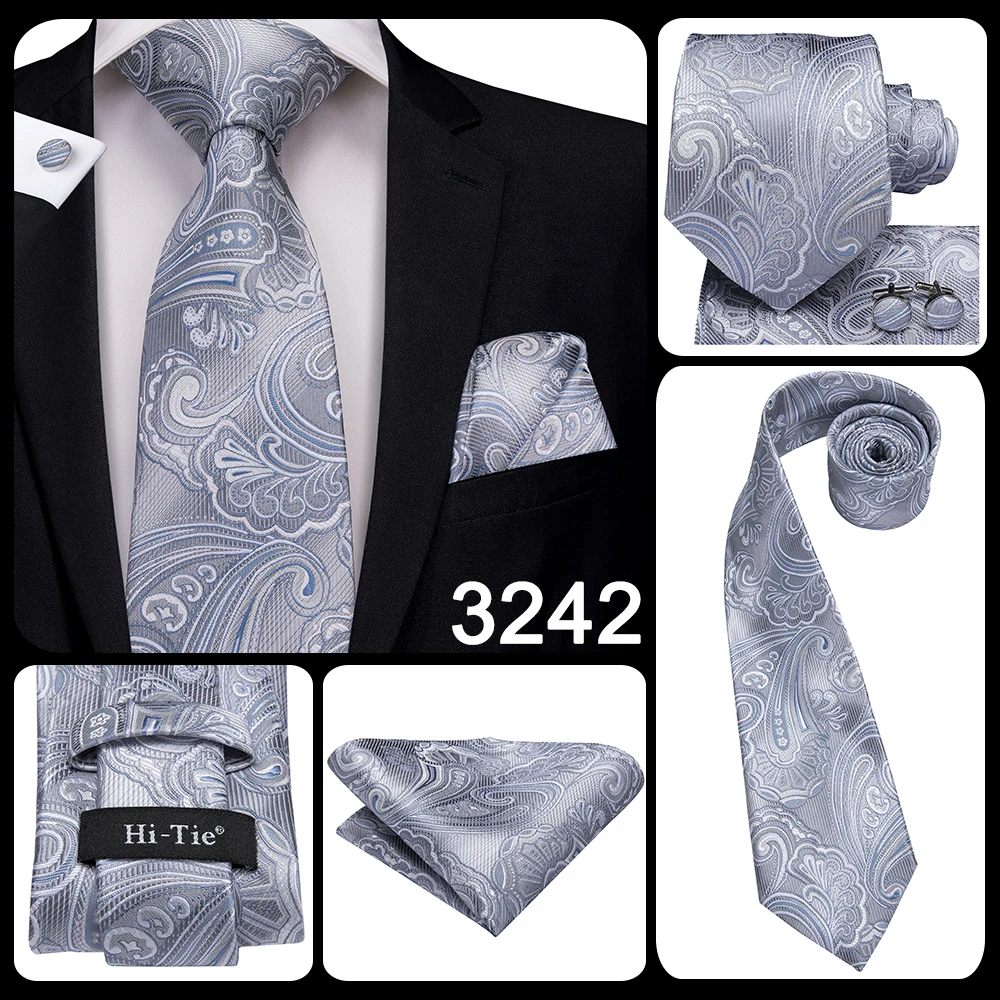 Hi-Tie Luxury Silver Novelty Men Tie Gravata Wedding Necktie For Men Hanky Cufflink Set Fashion Design BusinessDropshipping