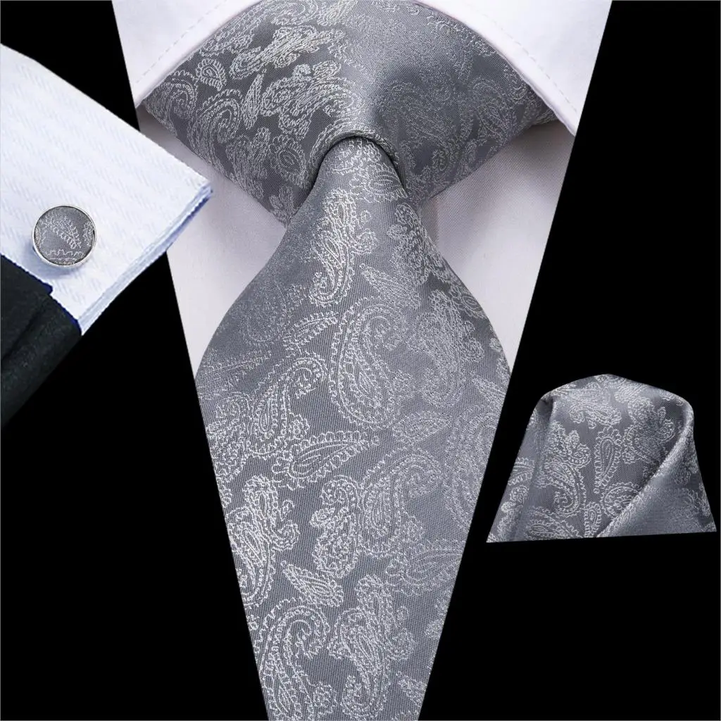 Hi-Tie Luxury Silver Novelty Men Tie Gravata Wedding Necktie For Men Hanky Cufflink Set Fashion Design BusinessDropshipping