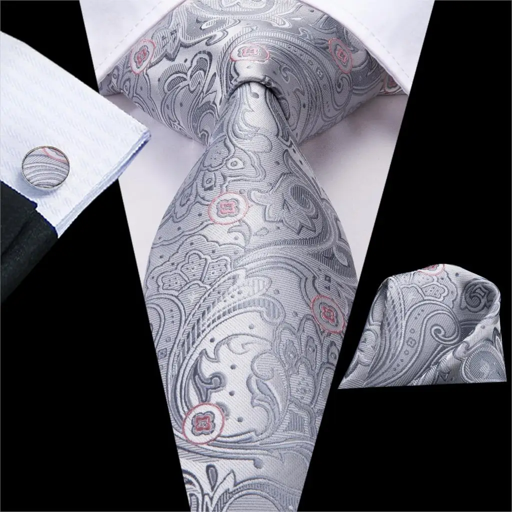 Hi-Tie Luxury Silver Novelty Men Tie Gravata Wedding Necktie For Men Hanky Cufflink Set Fashion Design BusinessDropshipping