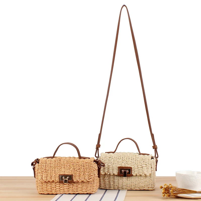 Handmade Women's Shoulder Bag Summer Straw Beach Bag Bohemian Female Handbags Fashion Square Flap Lock Designer Shopper Purse
