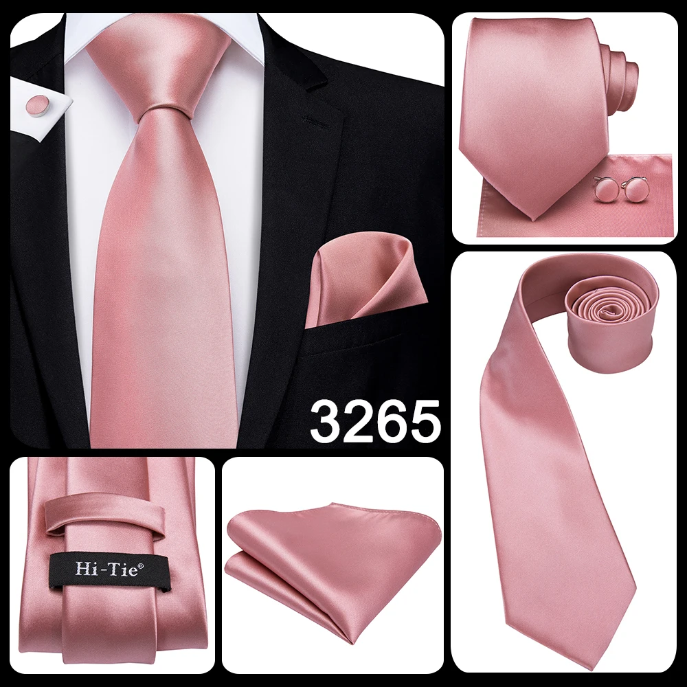 Hi-Tie Silk Mens Wedding Tie Peach Pink Solid Gift Necktie For Men Fashion Design High Quality Hanky Cufflink Set Business Party