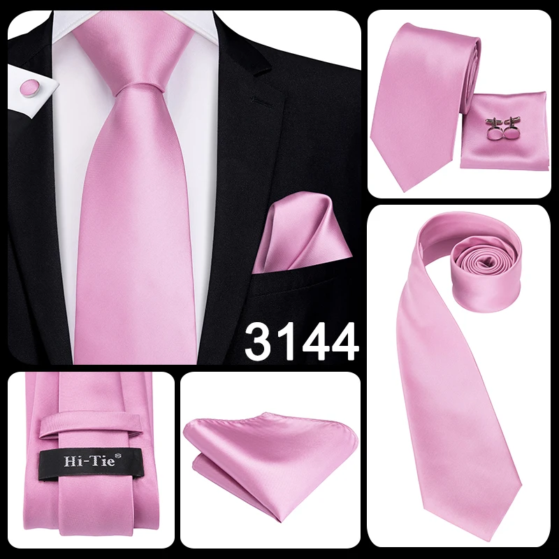 Hi-Tie Silk Mens Wedding Tie Peach Pink Solid Gift Necktie For Men Fashion Design High Quality Hanky Cufflink Set Business Party