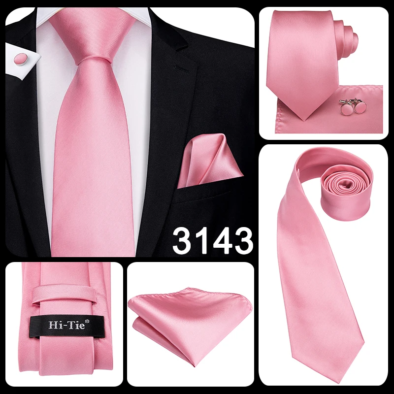 Hi-Tie Silk Mens Wedding Tie Peach Pink Solid Gift Necktie For Men Fashion Design High Quality Hanky Cufflink Set Business Party