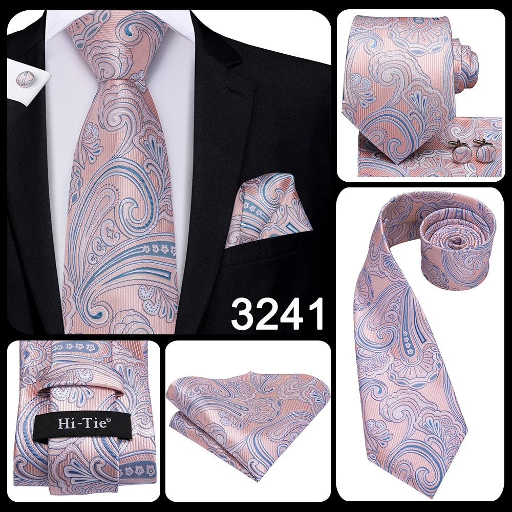 Hi-Tie Silk Mens Wedding Tie Peach Pink Solid Gift Necktie For Men Fashion Design High Quality Hanky Cufflink Set Business Party