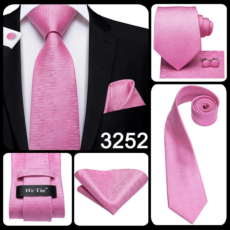 Hi-Tie Silk Mens Wedding Tie Peach Pink Solid Gift Necktie For Men Fashion Design High Quality Hanky Cufflink Set Business Party