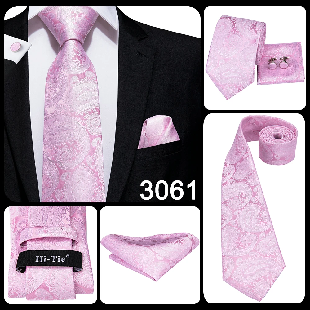 Hi-Tie Silk Mens Wedding Tie Peach Pink Solid Gift Necktie For Men Fashion Design High Quality Hanky Cufflink Set Business Party