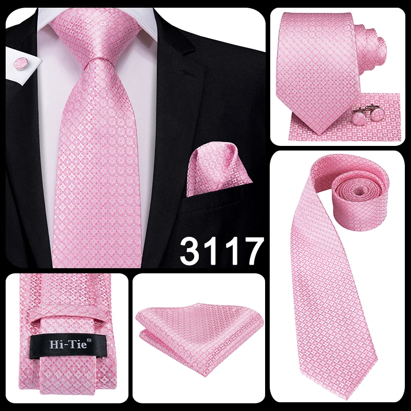 Hi-Tie Silk Mens Wedding Tie Peach Pink Solid Gift Necktie For Men Fashion Design High Quality Hanky Cufflink Set Business Party