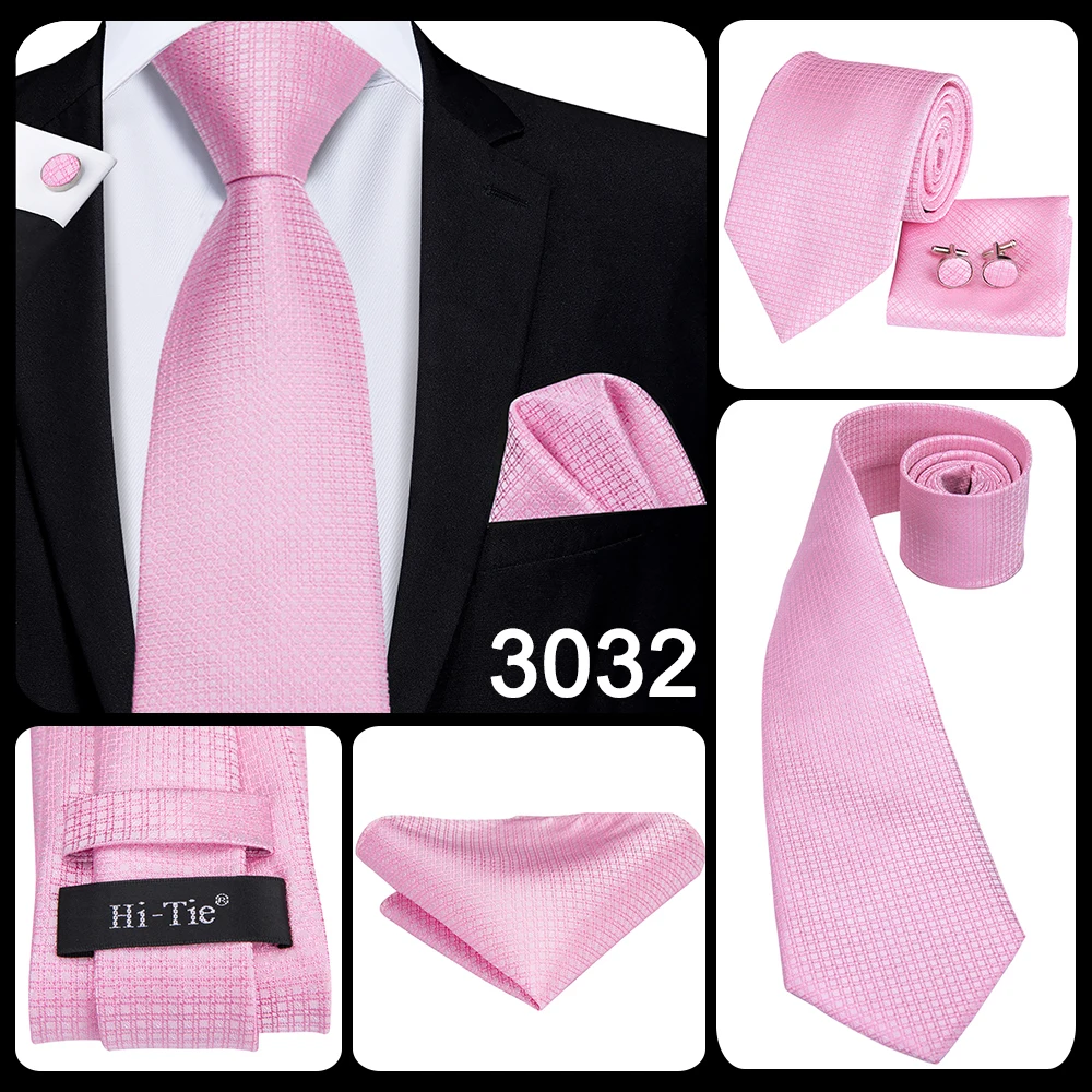 Hi-Tie Silk Mens Wedding Tie Peach Pink Solid Gift Necktie For Men Fashion Design High Quality Hanky Cufflink Set Business Party