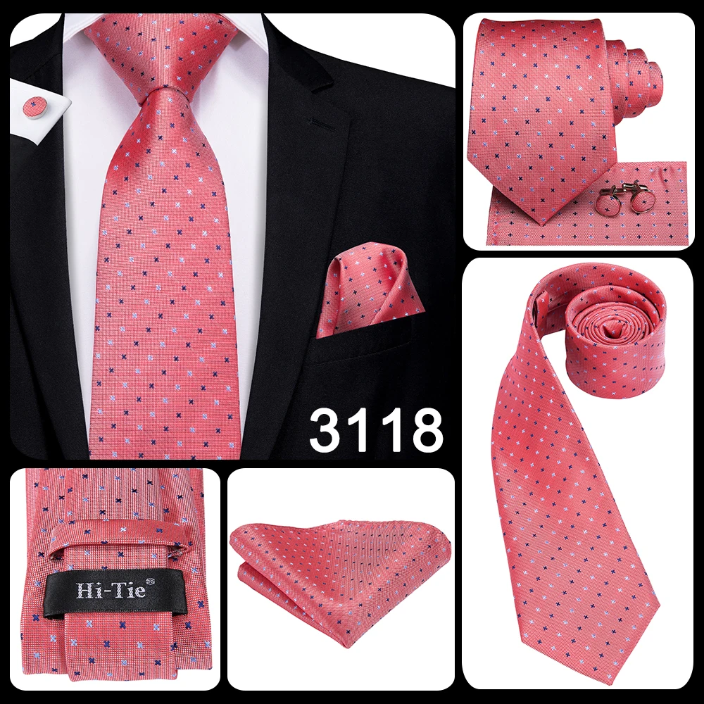 Hi-Tie Silk Mens Wedding Tie Peach Pink Solid Gift Necktie For Men Fashion Design High Quality Hanky Cufflink Set Business Party