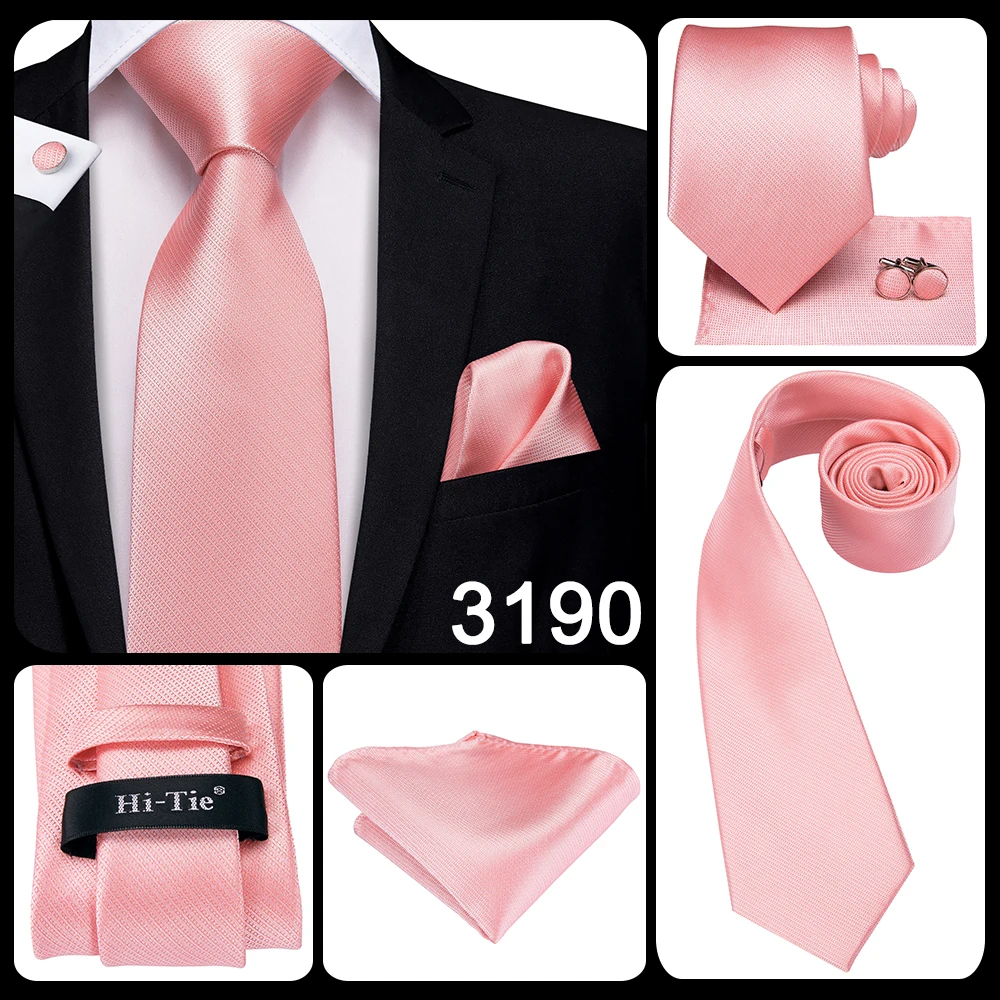Hi-Tie Silk Mens Wedding Tie Peach Pink Solid Gift Necktie For Men Fashion Design High Quality Hanky Cufflink Set Business Party