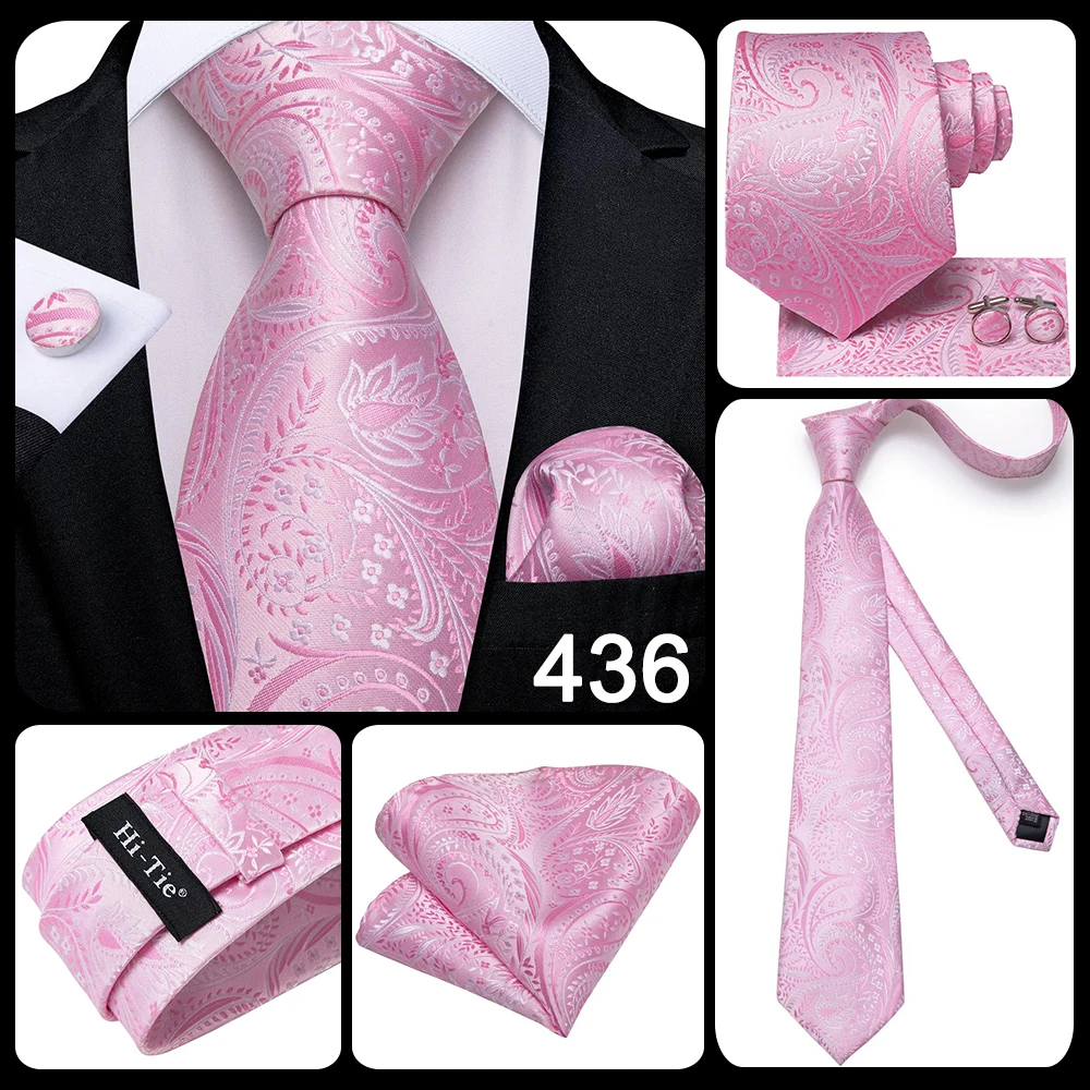 Hi-Tie Silk Mens Wedding Tie Peach Pink Solid Gift Necktie For Men Fashion Design High Quality Hanky Cufflink Set Business Party