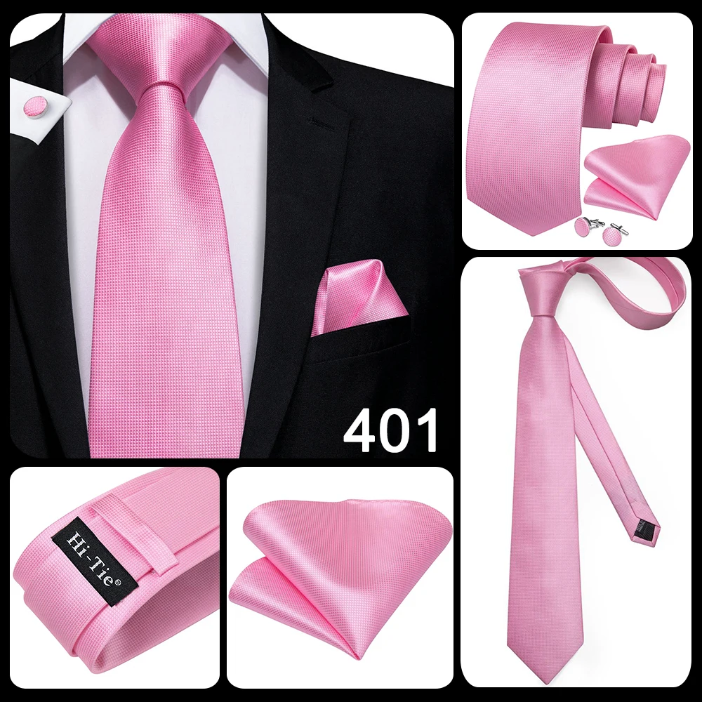 Hi-Tie Silk Mens Wedding Tie Peach Pink Solid Gift Necktie For Men Fashion Design High Quality Hanky Cufflink Set Business Party