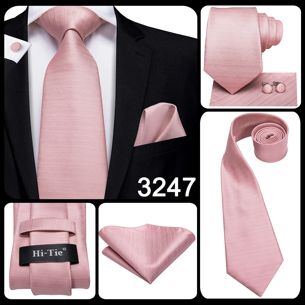 Hi-Tie Silk Mens Wedding Tie Peach Pink Solid Gift Necktie For Men Fashion Design High Quality Hanky Cufflink Set Business Party