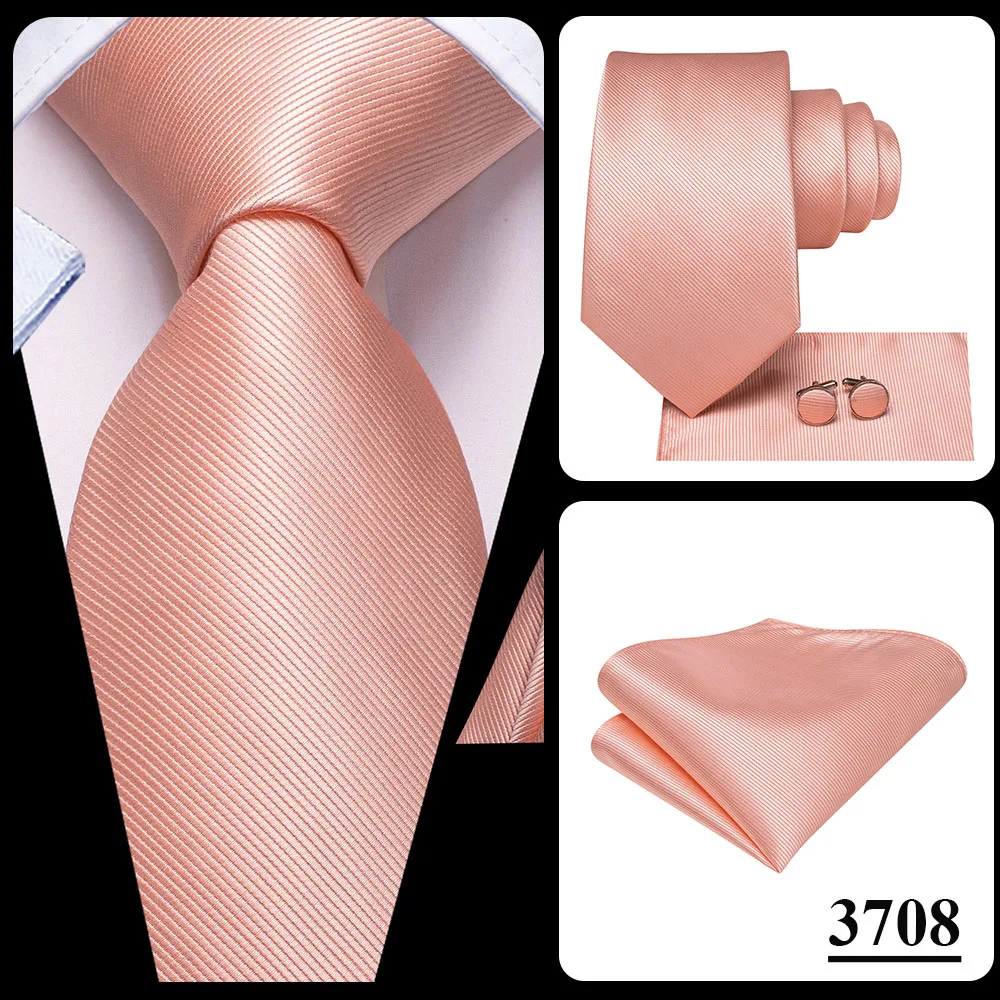 Hi-Tie Silk Mens Wedding Tie Peach Pink Solid Gift Necktie For Men Fashion Design High Quality Hanky Cufflink Set Business Party
