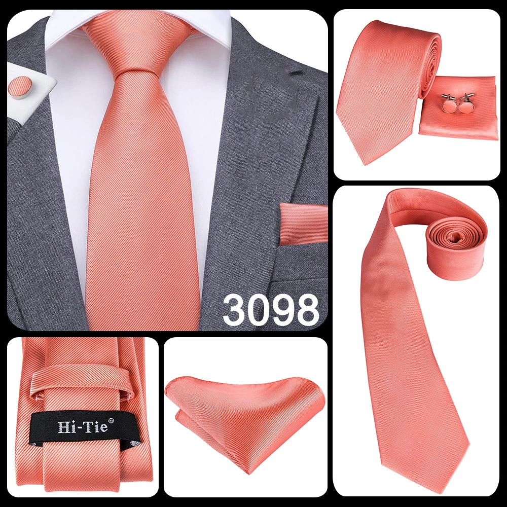 Hi-Tie Silk Mens Wedding Tie Peach Pink Solid Gift Necktie For Men Fashion Design High Quality Hanky Cufflink Set Business Party