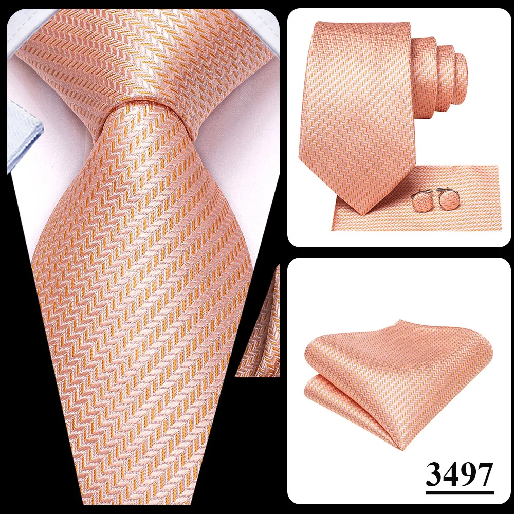 Hi-Tie Silk Mens Wedding Tie Peach Pink Solid Gift Necktie For Men Fashion Design High Quality Hanky Cufflink Set Business Party