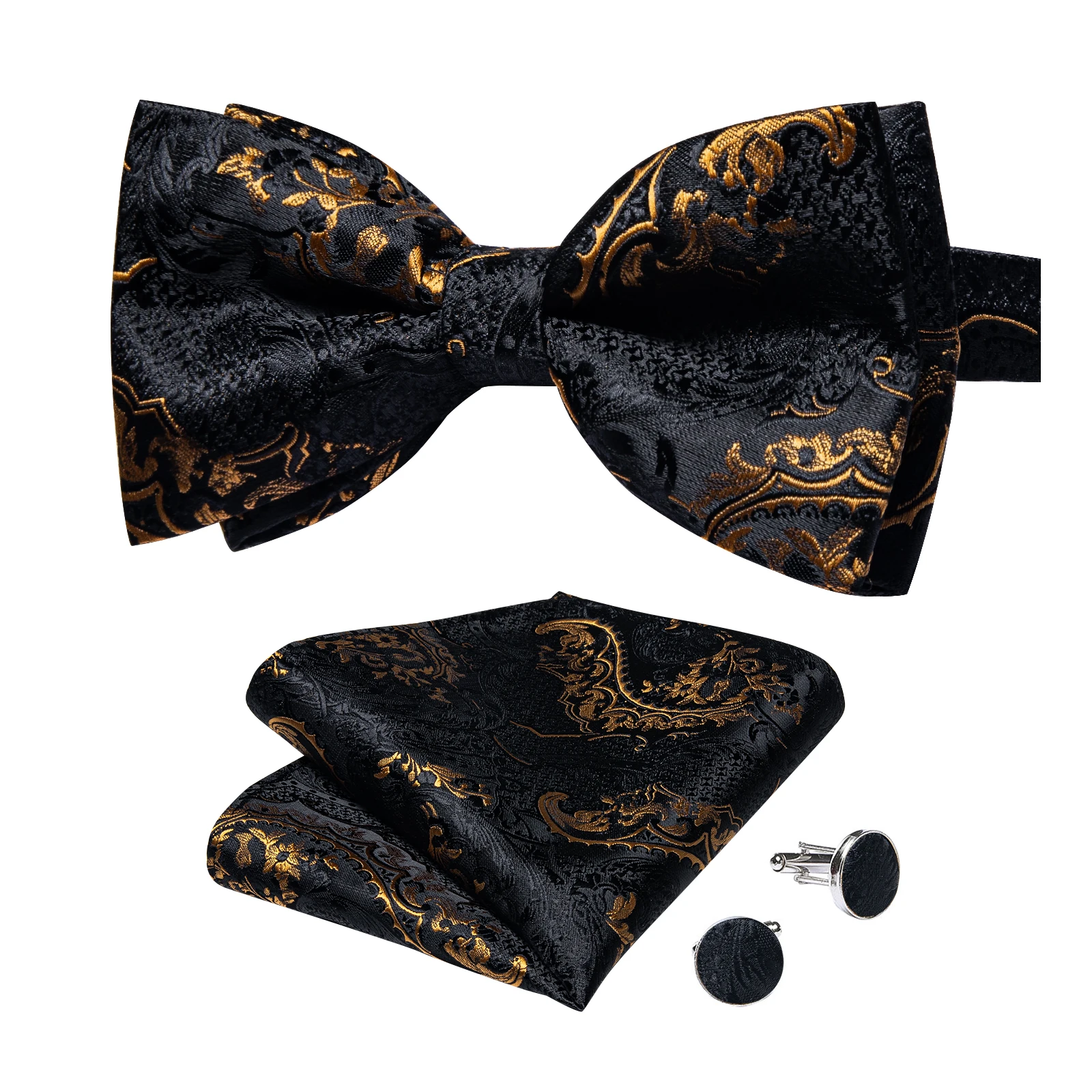 Classic Black Men Bow Ties Bowties Butterfly Pocket Square Cufflinks Set Suit Paisley Gold Pre-Tied Bow Tie