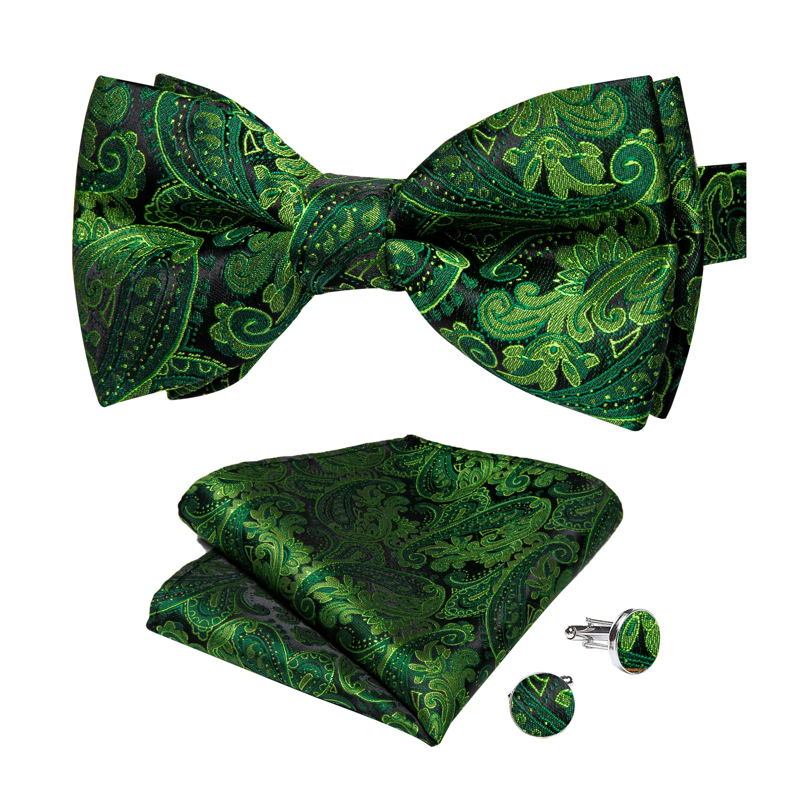 Classic Black Men Bow Ties Bowties Butterfly Pocket Square Cufflinks Set Suit Paisley Gold Pre-Tied Bow Tie