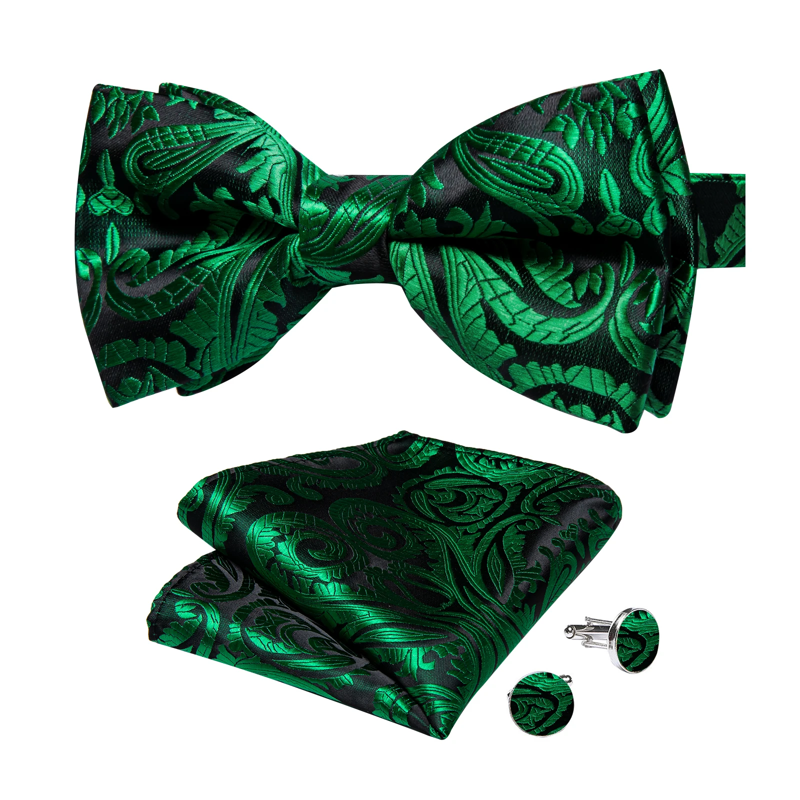 Classic Black Men Bow Ties Bowties Butterfly Pocket Square Cufflinks Set Suit Paisley Gold Pre-Tied Bow Tie
