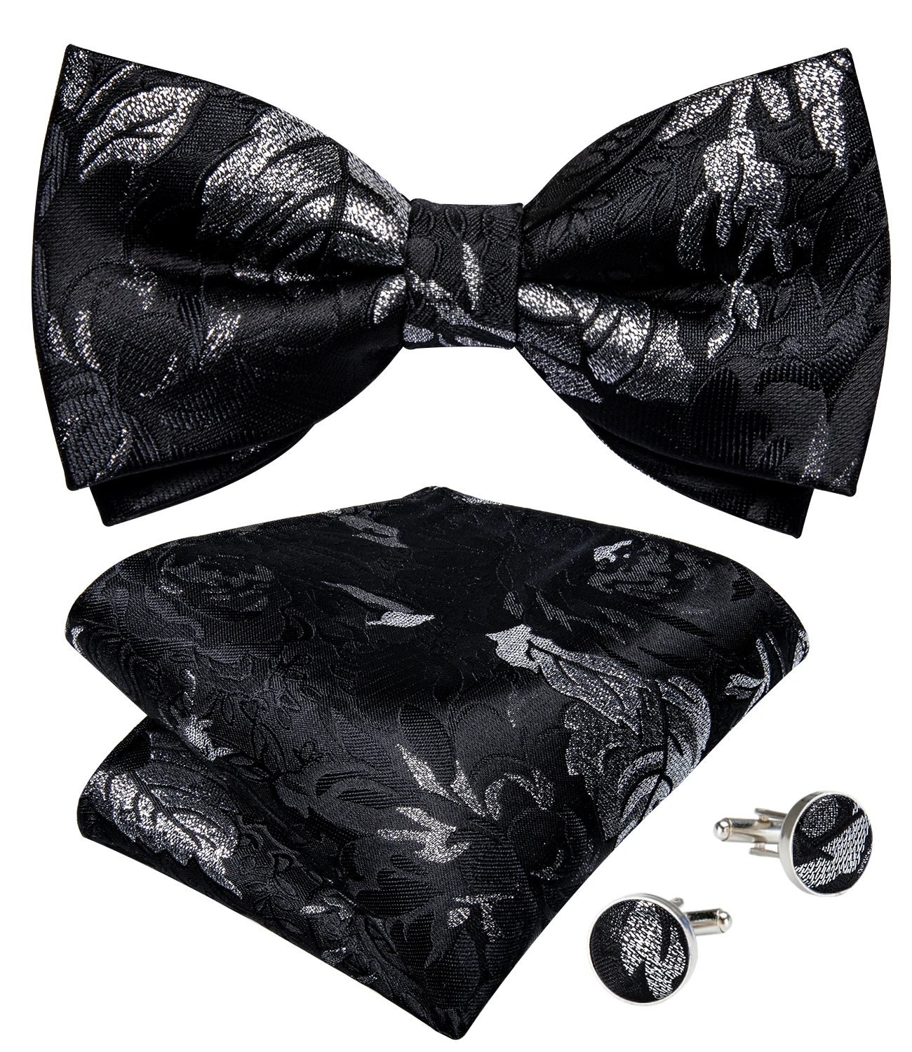 Classic Black Men Bow Ties Bowties Butterfly Pocket Square Cufflinks Set Suit Paisley Gold Pre-Tied Bow Tie