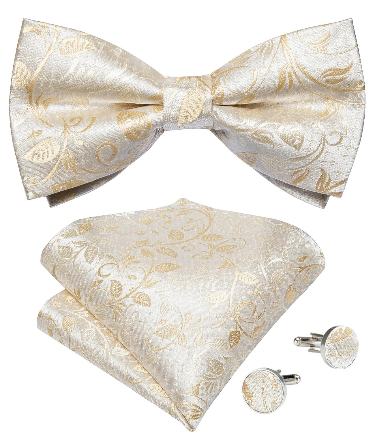 Classic Black Men Bow Ties Bowties Butterfly Pocket Square Cufflinks Set Suit Paisley Gold Pre-Tied Bow Tie