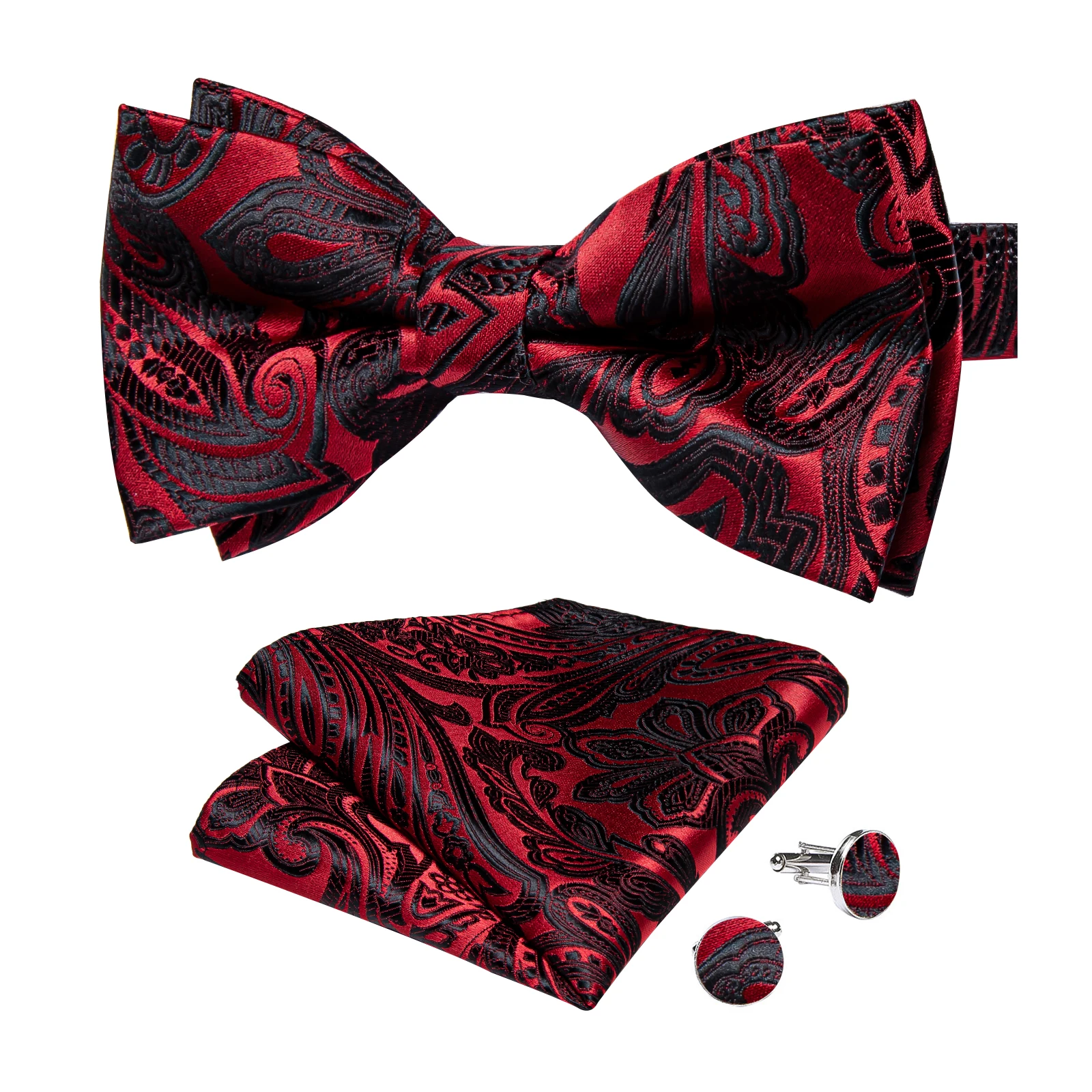 Classic Black Men Bow Ties Bowties Butterfly Pocket Square Cufflinks Set Suit Paisley Gold Pre-Tied Bow Tie