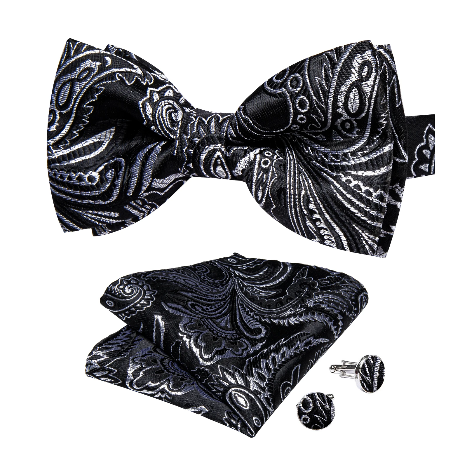 Classic Black Men Bow Ties Bowties Butterfly Pocket Square Cufflinks Set Suit Paisley Gold Pre-Tied Bow Tie