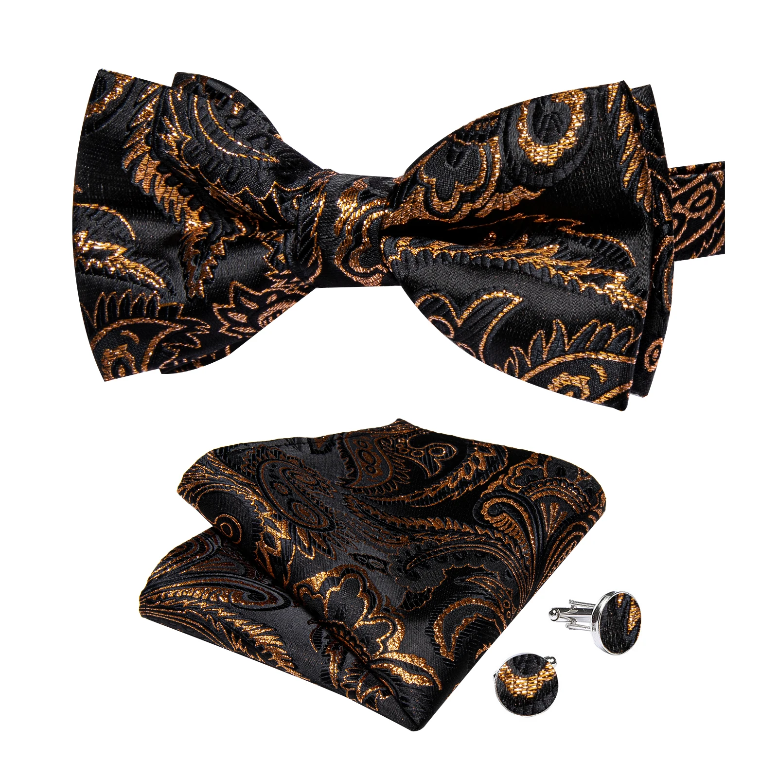 Classic Black Men Bow Ties Bowties Butterfly Pocket Square Cufflinks Set Suit Paisley Gold Pre-Tied Bow Tie
