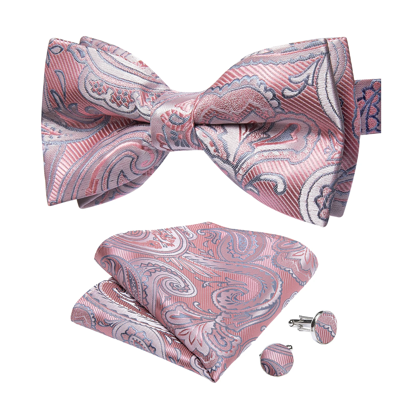 Classic Black Men Bow Ties Bowties Butterfly Pocket Square Cufflinks Set Suit Paisley Gold Pre-Tied Bow Tie