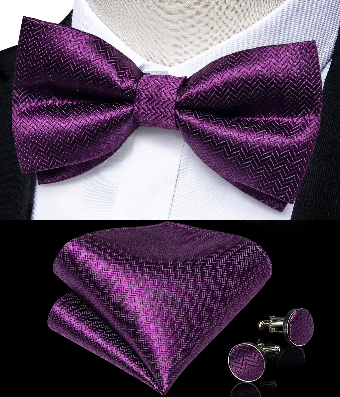 Classic Black Men Bow Ties Bowties Butterfly Pocket Square Cufflinks Set Suit Paisley Gold Pre-Tied Bow Tie