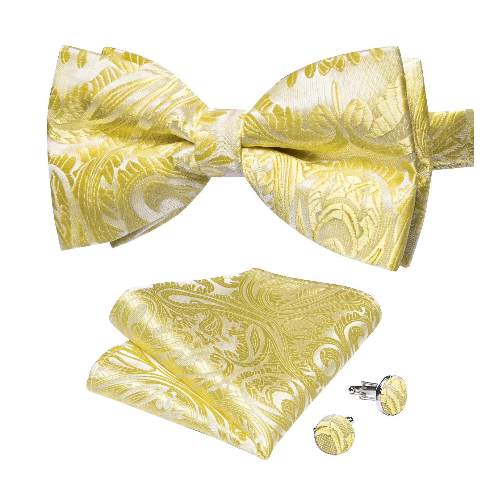 Classic Black Men Bow Ties Bowties Butterfly Pocket Square Cufflinks Set Suit Paisley Gold Pre-Tied Bow Tie