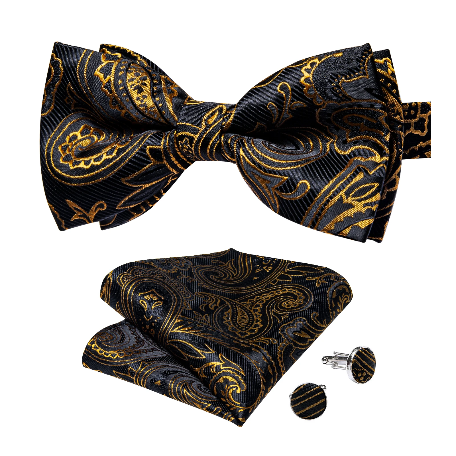 Classic Black Men Bow Ties Bowties Butterfly Pocket Square Cufflinks Set Suit Paisley Gold Pre-Tied Bow Tie