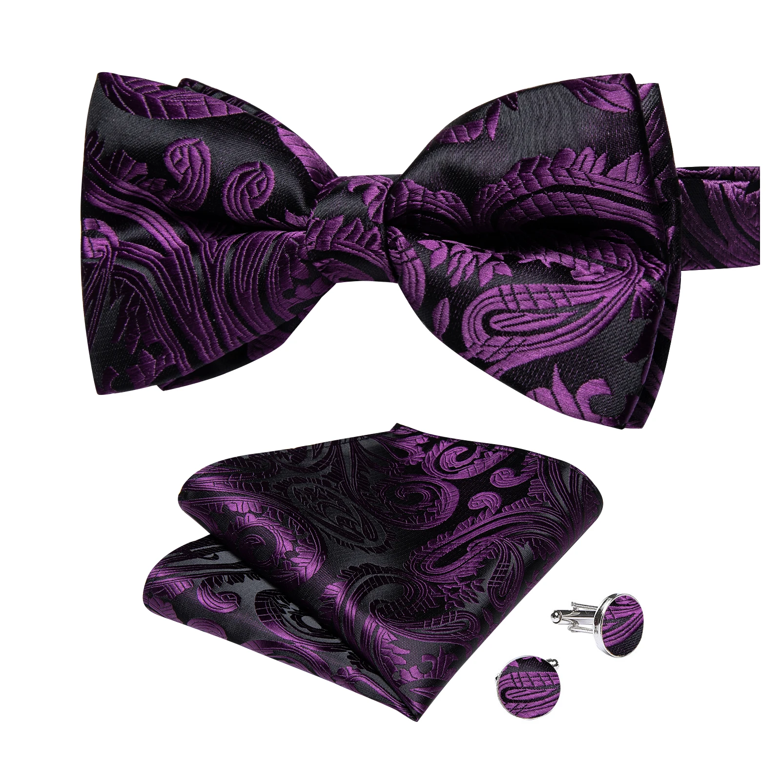Classic Black Men Bow Ties Bowties Butterfly Pocket Square Cufflinks Set Suit Paisley Gold Pre-Tied Bow Tie