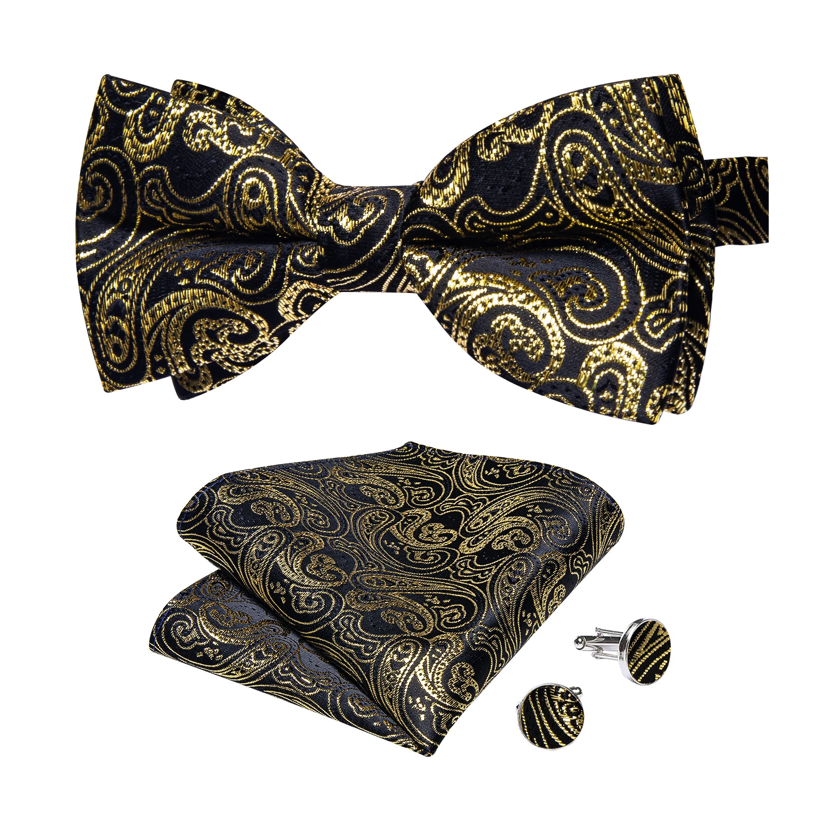 Classic Black Men Bow Ties Bowties Butterfly Pocket Square Cufflinks Set Suit Paisley Gold Pre-Tied Bow Tie