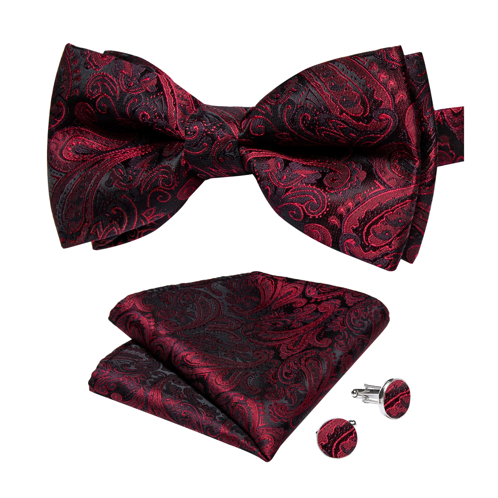 Classic Black Men Bow Ties Bowties Butterfly Pocket Square Cufflinks Set Suit Paisley Gold Pre-Tied Bow Tie