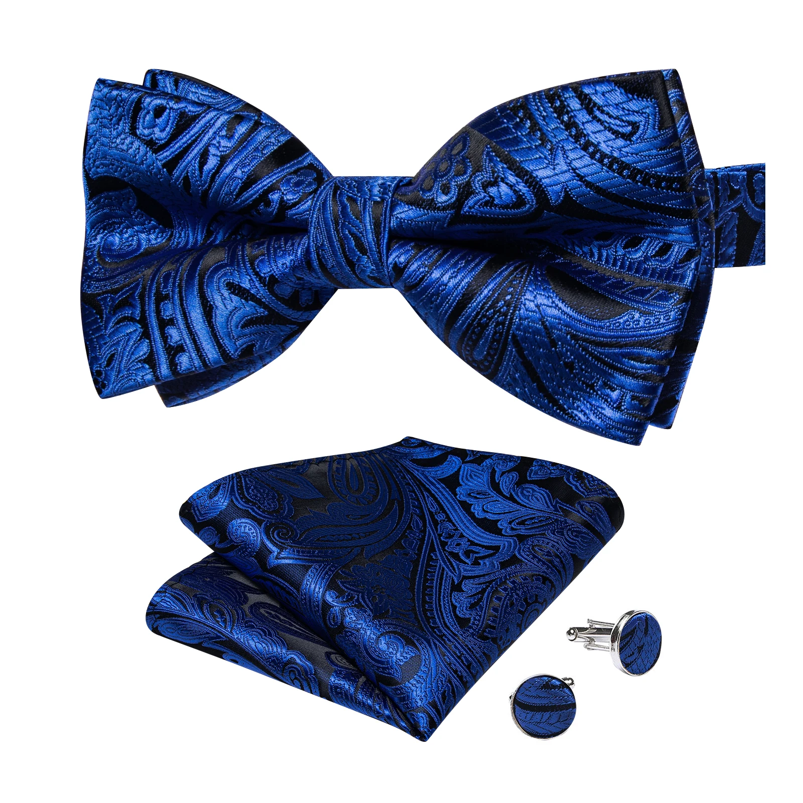 Classic Black Men Bow Ties Bowties Butterfly Pocket Square Cufflinks Set Suit Paisley Gold Pre-Tied Bow Tie