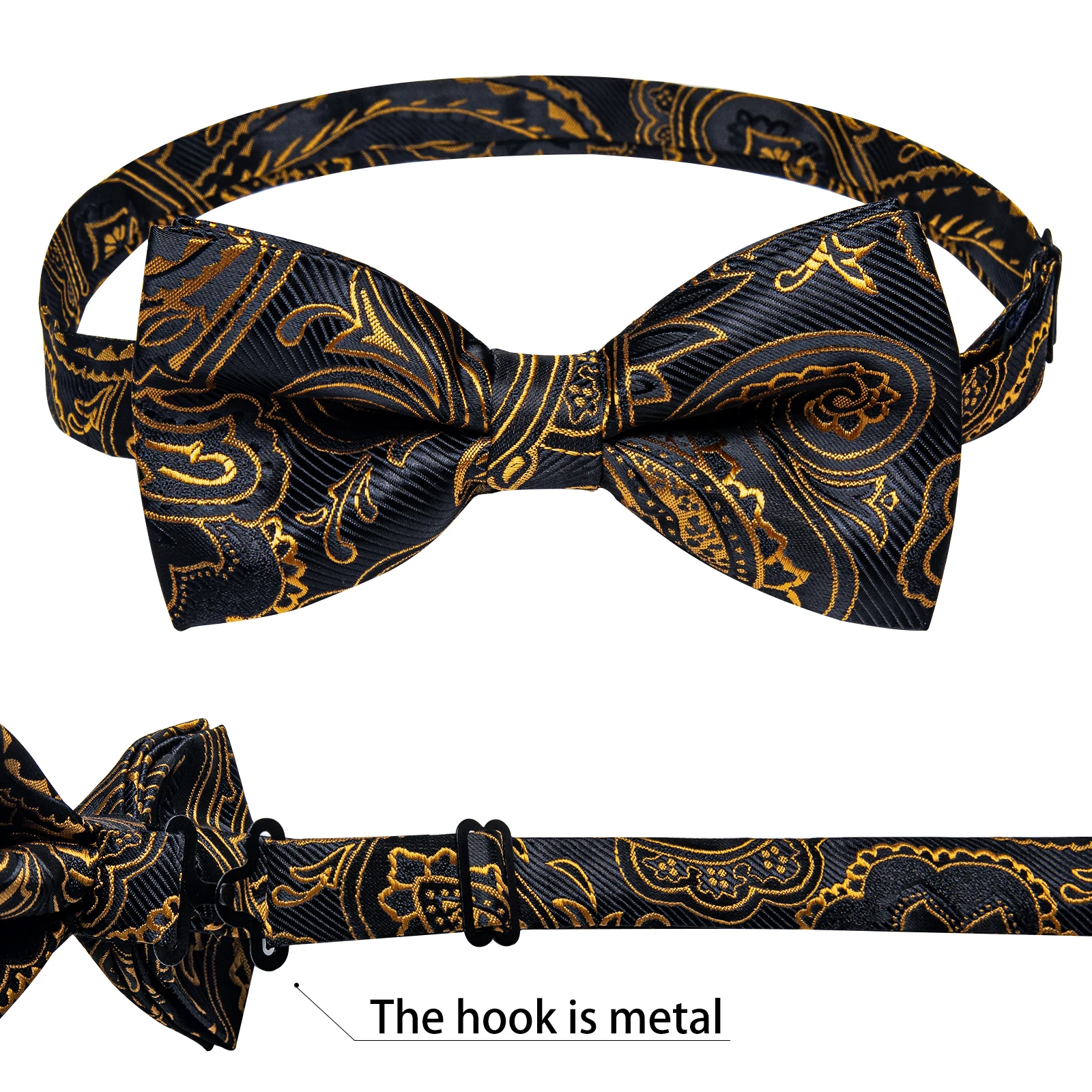 Classic Black Men Bow Ties Bowties Butterfly Pocket Square Cufflinks Set Suit Paisley Gold Pre-Tied Bow Tie