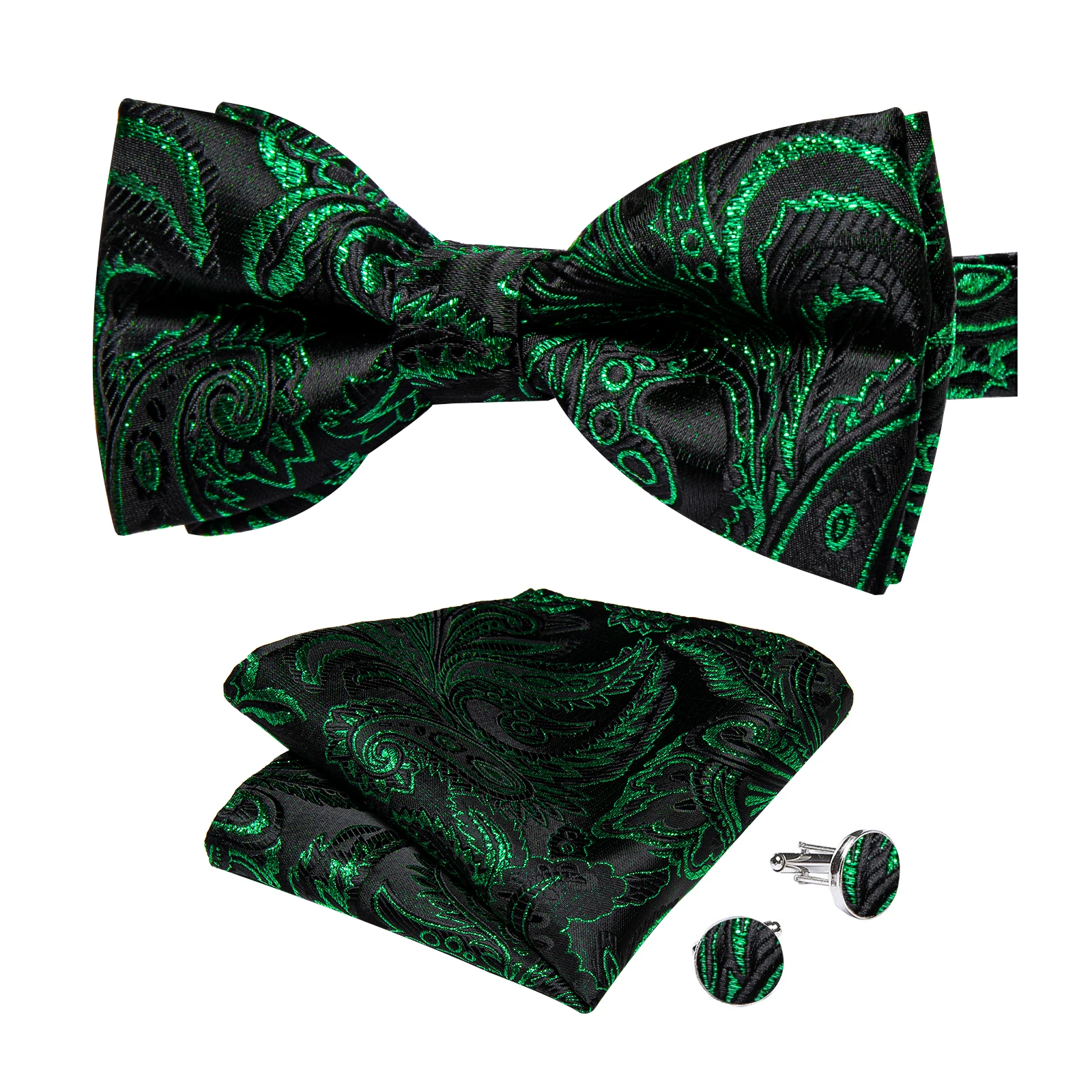 Classic Black Men Bow Ties Bowties Butterfly Pocket Square Cufflinks Set Suit Paisley Gold Pre-Tied Bow Tie