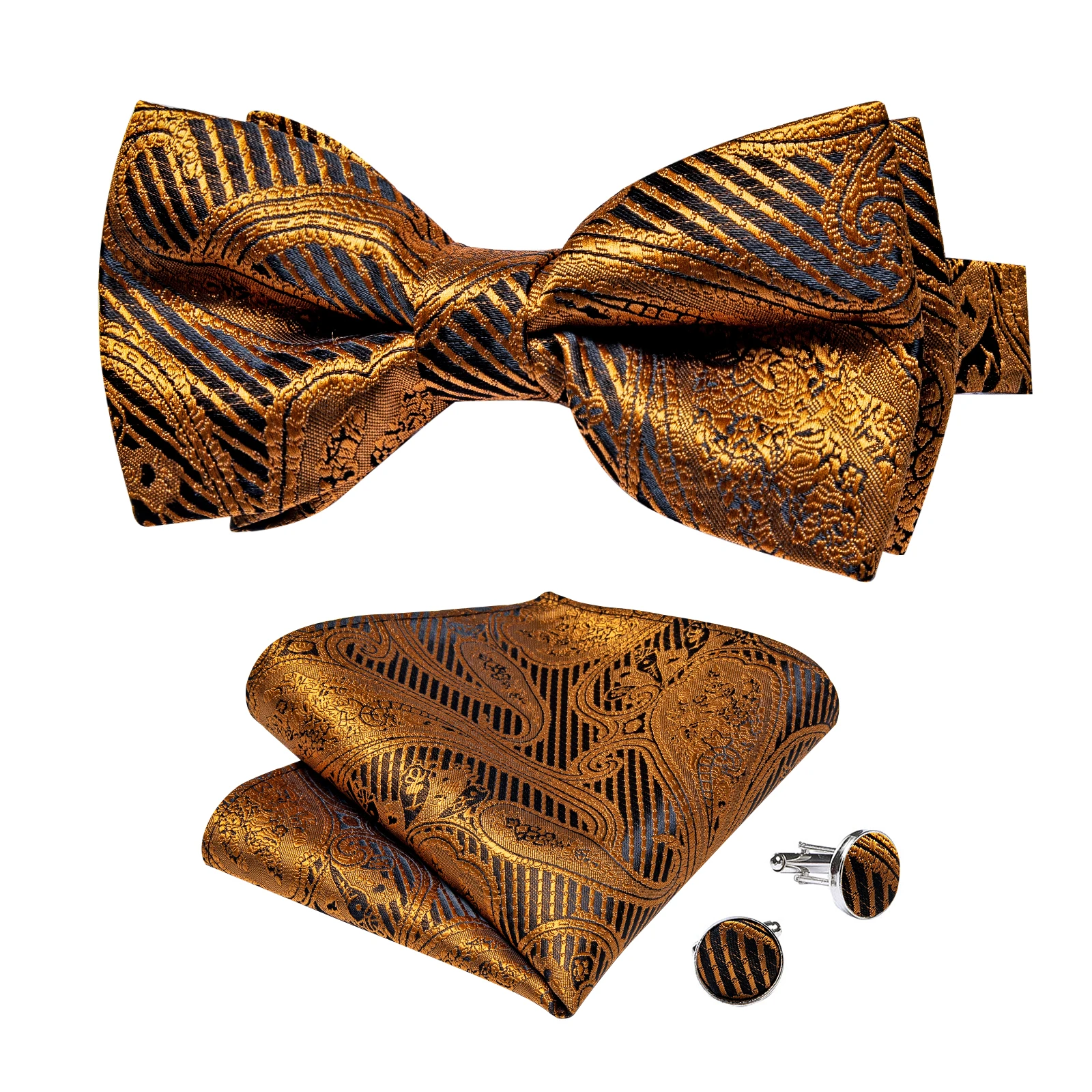 Classic Black Men Bow Ties Bowties Butterfly Pocket Square Cufflinks Set Suit Paisley Gold Pre-Tied Bow Tie