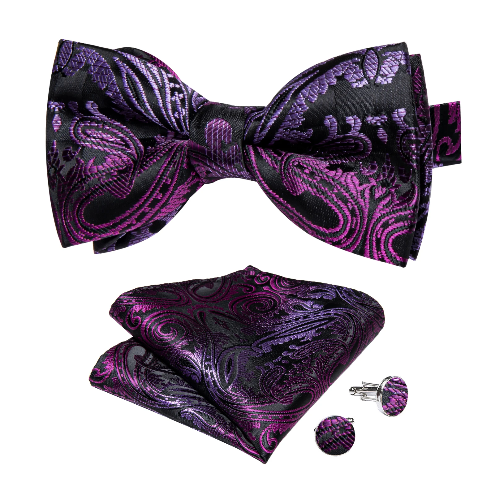 Classic Black Men Bow Ties Bowties Butterfly Pocket Square Cufflinks Set Suit Paisley Gold Pre-Tied Bow Tie
