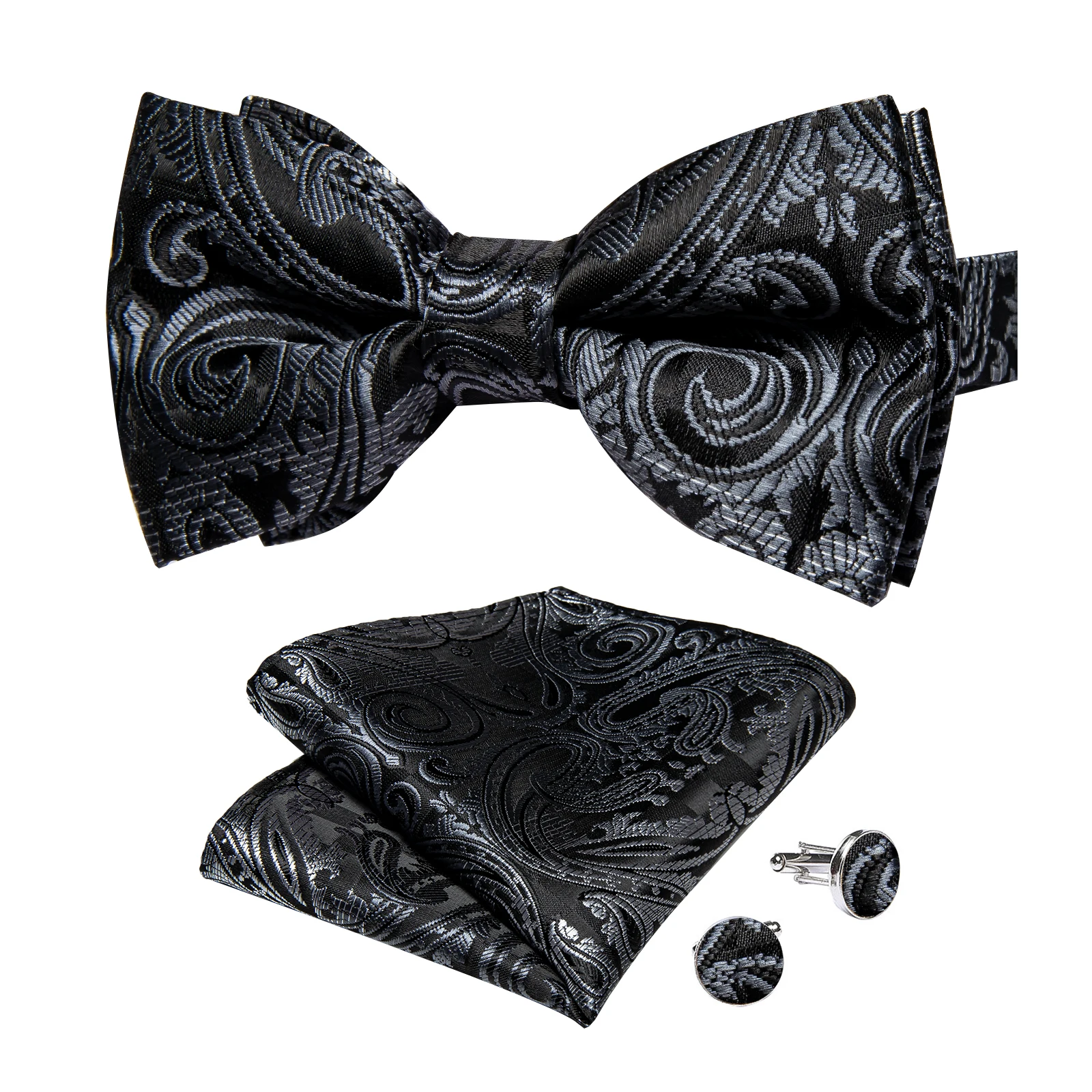 Classic Black Men Bow Ties Bowties Butterfly Pocket Square Cufflinks Set Suit Paisley Gold Pre-Tied Bow Tie